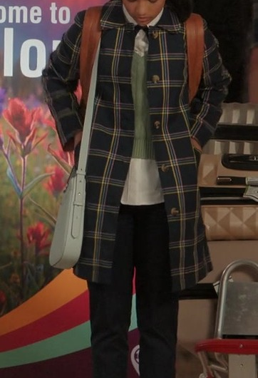 Preppy Navy and Yellow Plaid Coat Worn by Nikki Rodriguez as Jackie Howard
