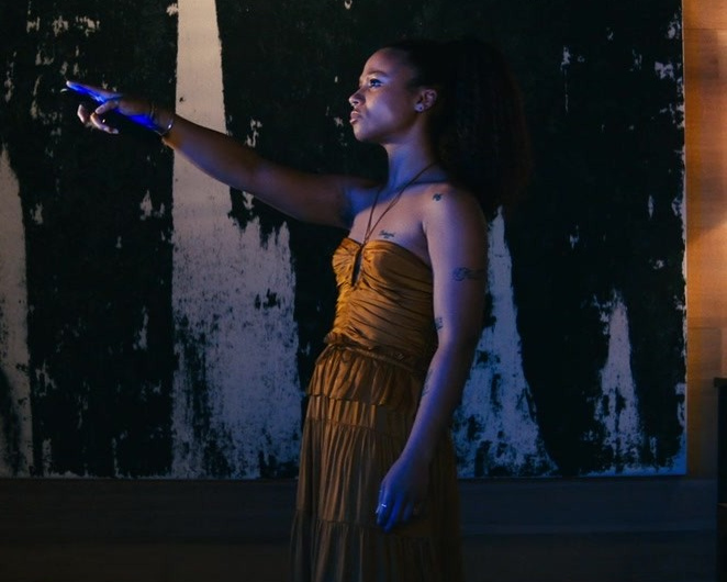 Ruched Midi Halter Dress Worn by Myha’la as Ruth Scott