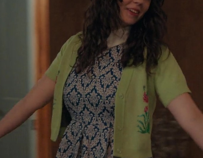 Lime Green Button-Up Cardigan with Flower Accents Worn by Ellie O’Brien as Grace