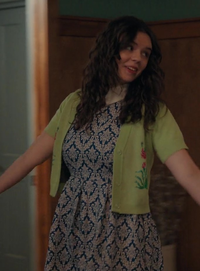 Lime Green Button-Up Cardigan with Flower Accents Worn by Ellie O'Brien as Grace from My Life with the Walter Boys TV Show
