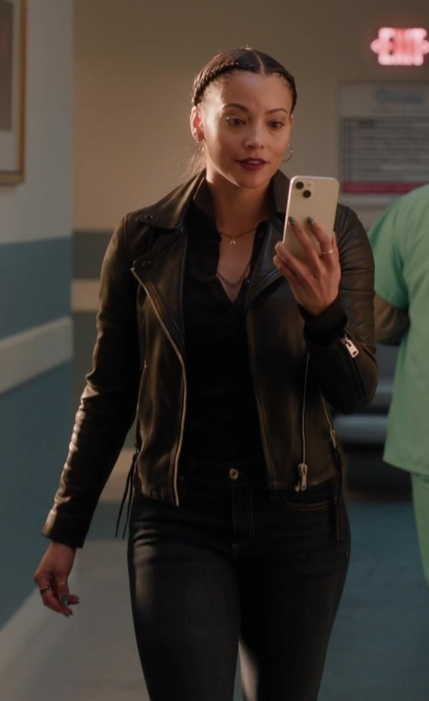 black leather zip-up motorcycle jacket - Gabrielle Walsh (Lacey Quinn) - Found TV Show