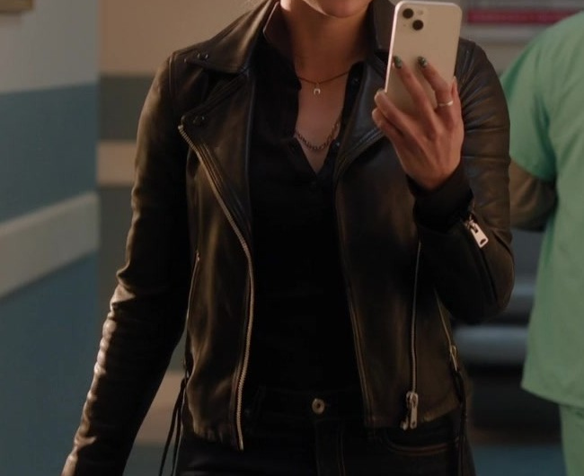 Black Leather Zip-Up Motorcycle Jacket Worn by Gabrielle Walsh as Lacey Quinn