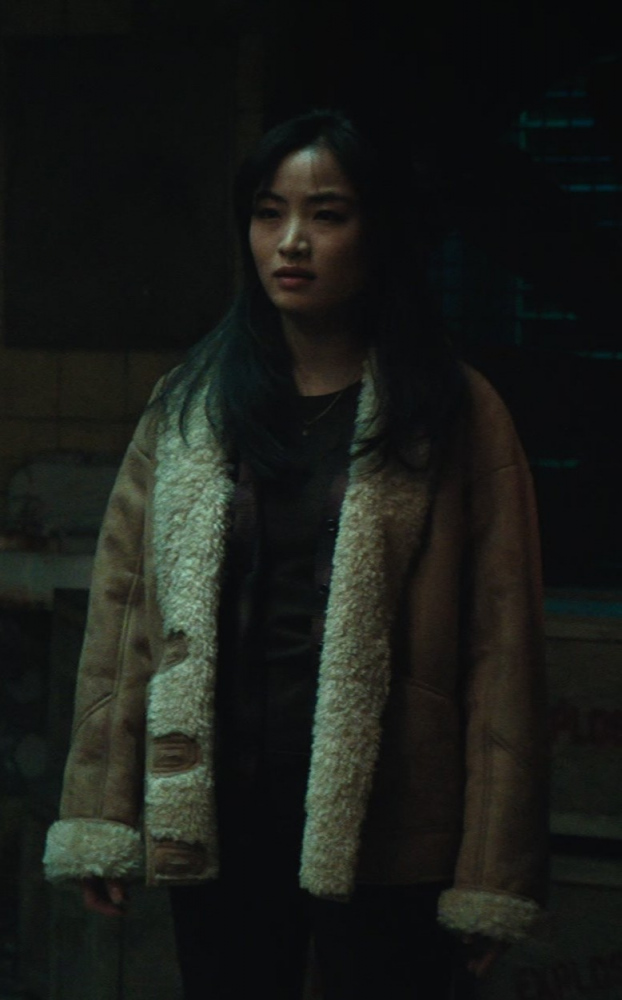 Faux Shearling-Lined Suede Jacket Worn by Anna Sawai as Cate Randa