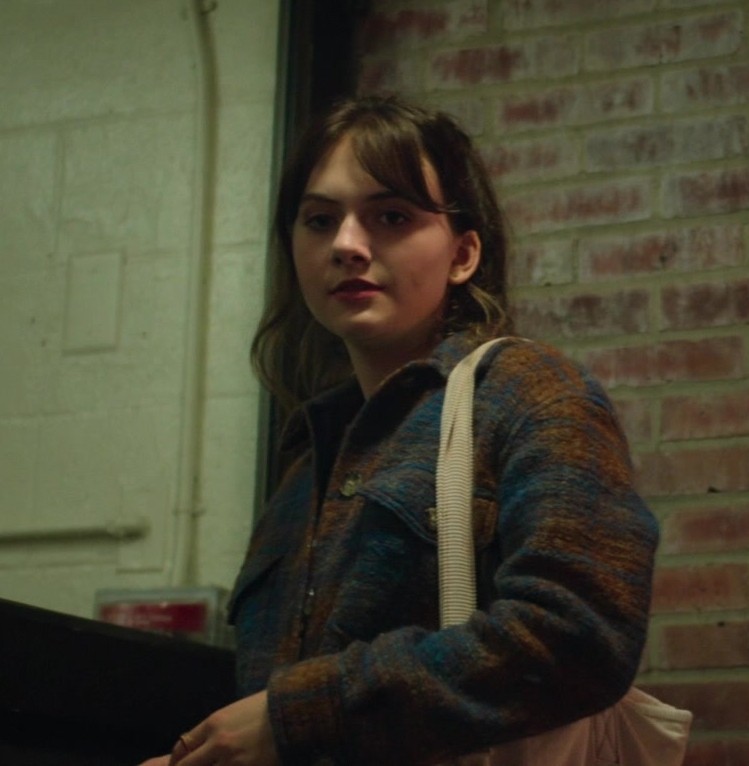 Blue Orange Brushed Wool Blend Button Up Plaid Shacket Worn by Emilia Jones as Margot from Cat Person (2023) Movie