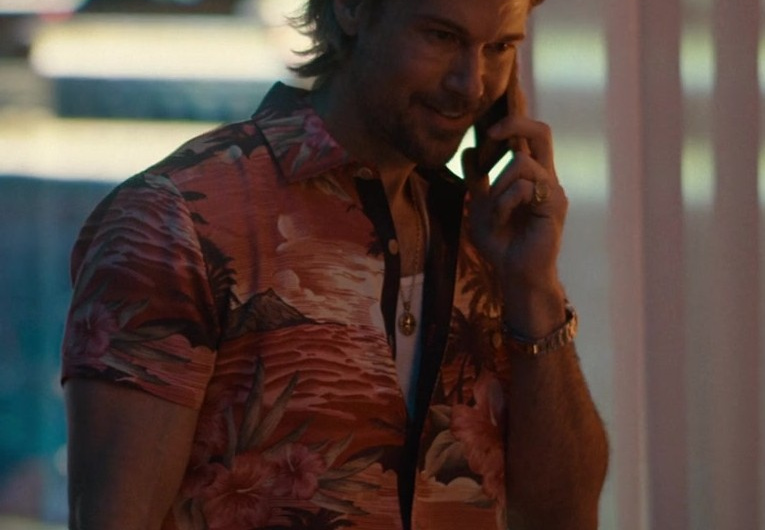 Tropical Palm Beach Print Long Sleeve Button Down Shirt Worn by Nick Zano as Chad McKnight