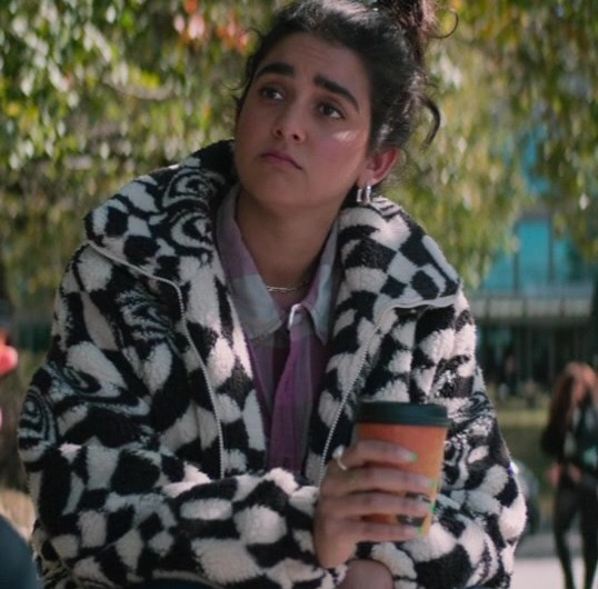 Black and White Print Teddy Jacket of Geraldine Viswanathan as Taylor