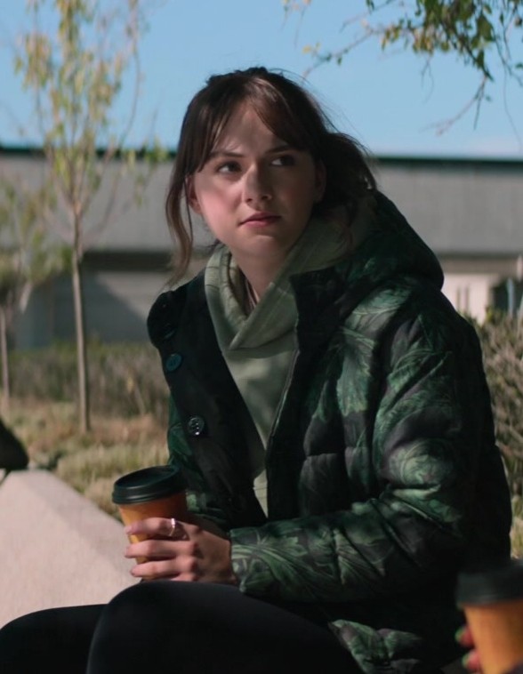 Botanical Leaf Print Puffer Jacket of Emilia Jones as Margot from Cat Person (2023) Movie