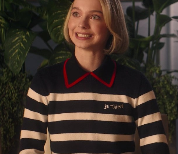 Classic Black and White Striped Sweater with Red Contrast Collar – ‘Je t’aime’ Embroidered Pullover of Emma Myers as CC