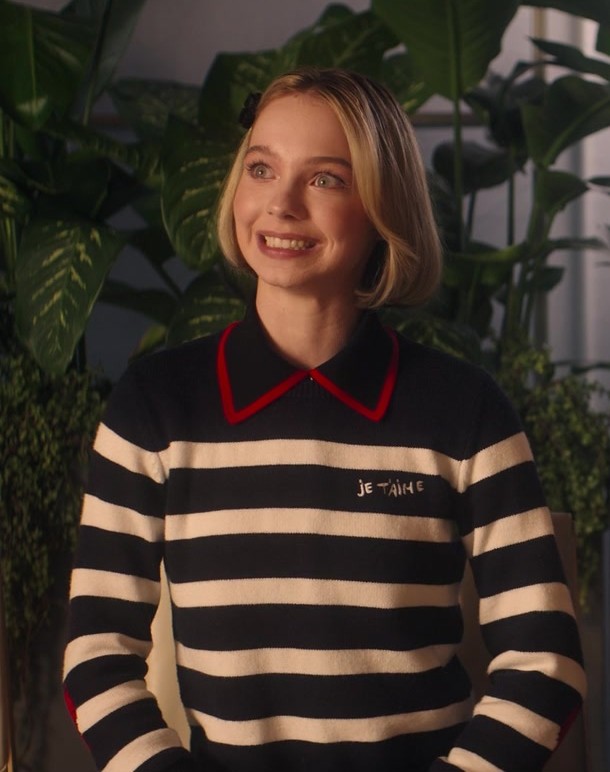 Worn on Family Switch (2023) Movie - Classic Black and White Striped Sweater with Red Contrast Collar - 'Je t'aime' Embroidered Pullover of Emma Myers as CC