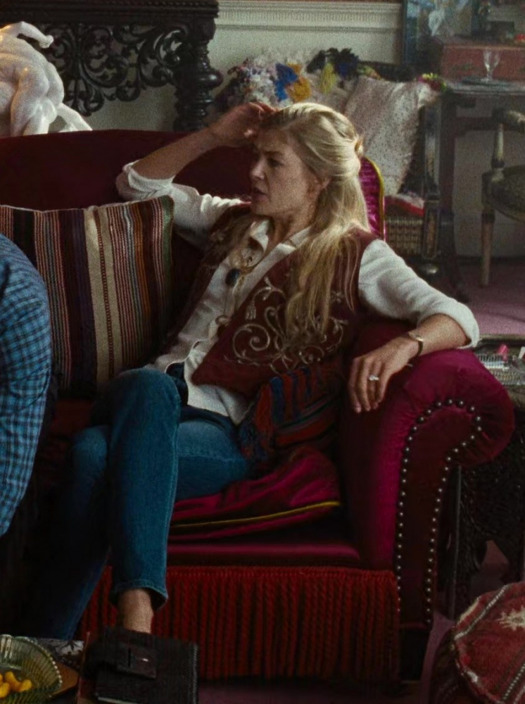red gold embroidered vest - Rosamund Pike (Lady Elspeth Catton) - Saltburn (2023) Movie