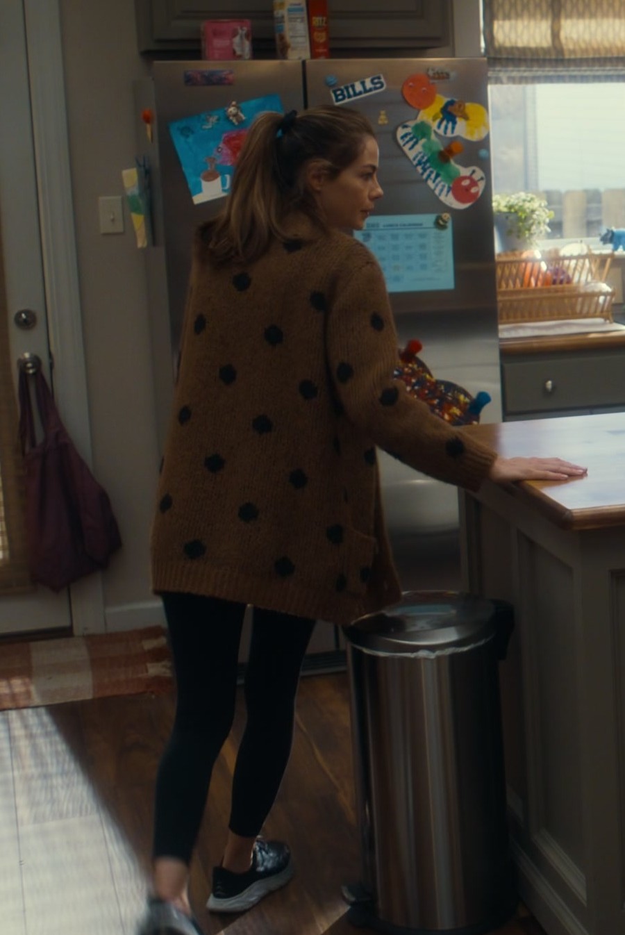Worn on The Family Plan (2023) Movie - Mohair Polka Dot V-Neck Cardigan Worn by Michelle Monaghan as Jessica Morgan