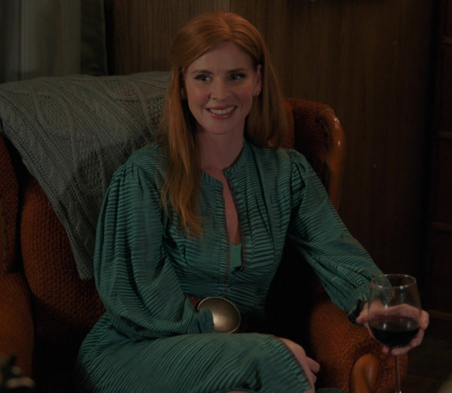 Green Ruffle Midi Dress Worn by Sarah Rafferty as Dr. Katherine Walter from My Life with the Walter Boys TV Show