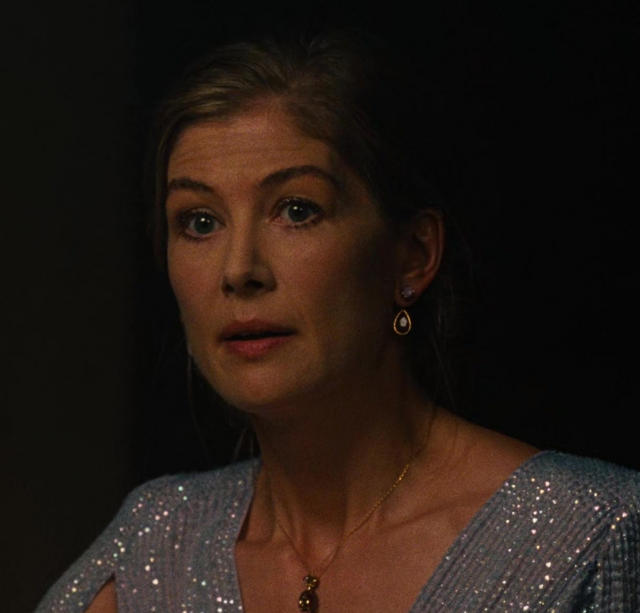 purple gemstone drop earrings - Rosamund Pike (Lady Elspeth Catton) - Saltburn (2023) Movie