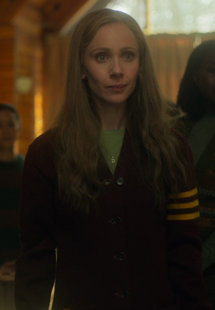brown button-up cardigan with contrast sleeve stripes - Juno Temple (Dorothy "Dot" Lyon / Nadine Bump) - Fargo TV Show