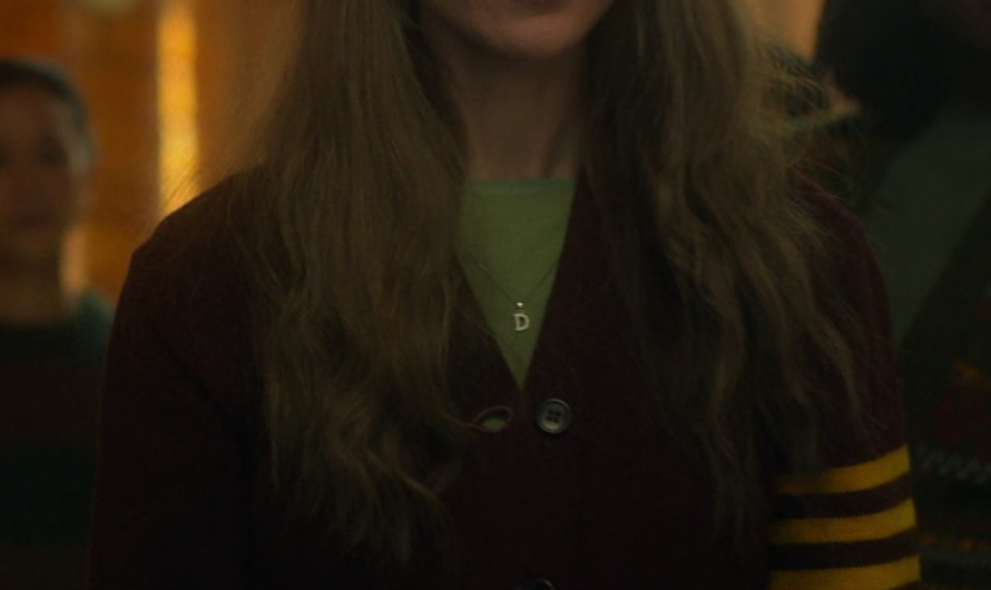 Brown Button-Up Cardigan with Contrast Sleeve Stripes of Juno Temple as Dorothy “Dot” Lyon / Nadine Bump