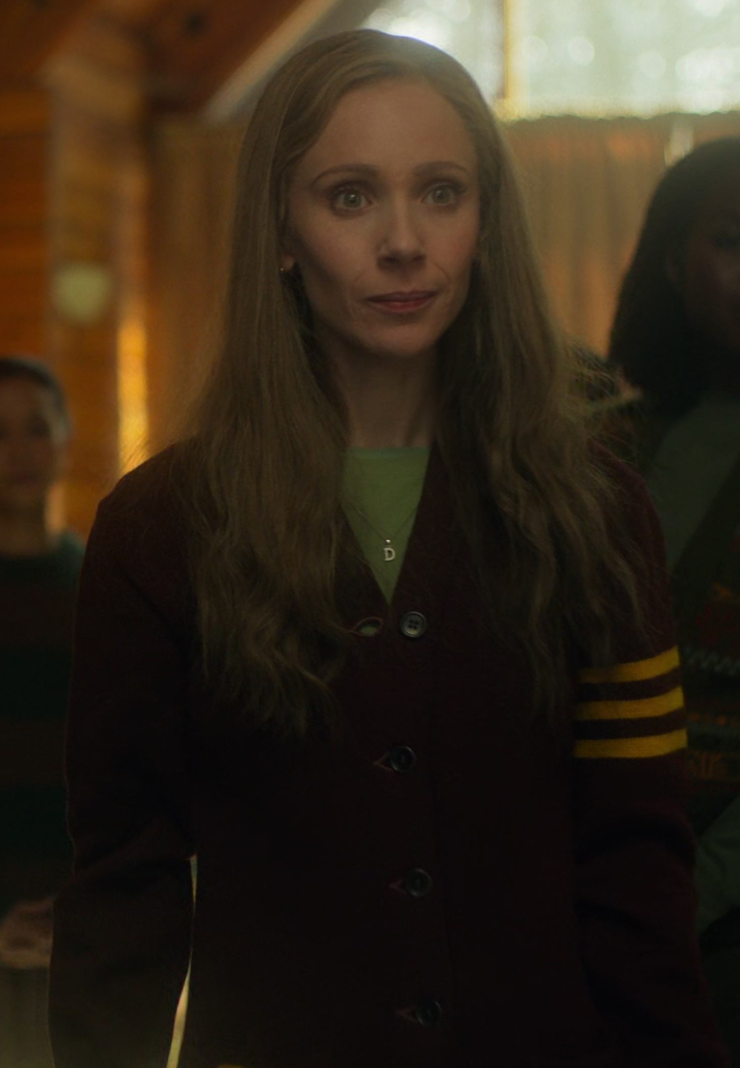 Worn on Fargo TV Show - Brown Button-Up Cardigan with Contrast Sleeve Stripes of Juno Temple as Dorothy "Dot" Lyon / Nadine Bump