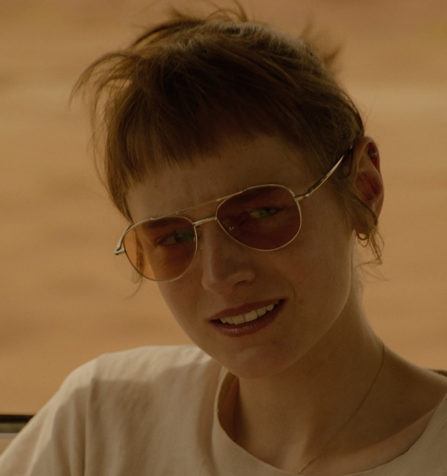 gold frame aviator sunglasses - Emma Corrin (Darby Hart) - A Murder at the End of the World TV Show