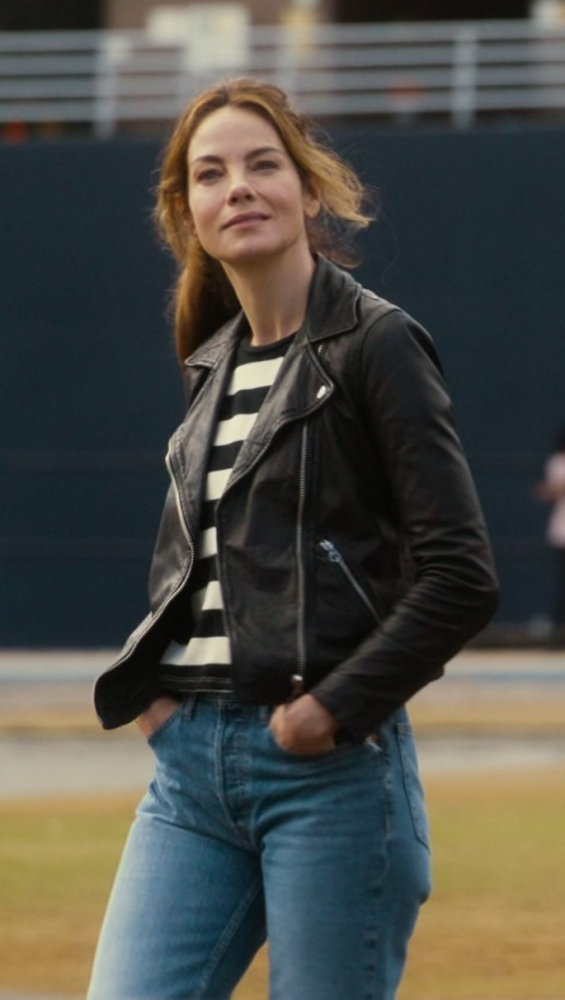 Black Leather Biker Jacket Worn by Michelle Monaghan as Jessica Morgan from The Family Plan (2023) Movie