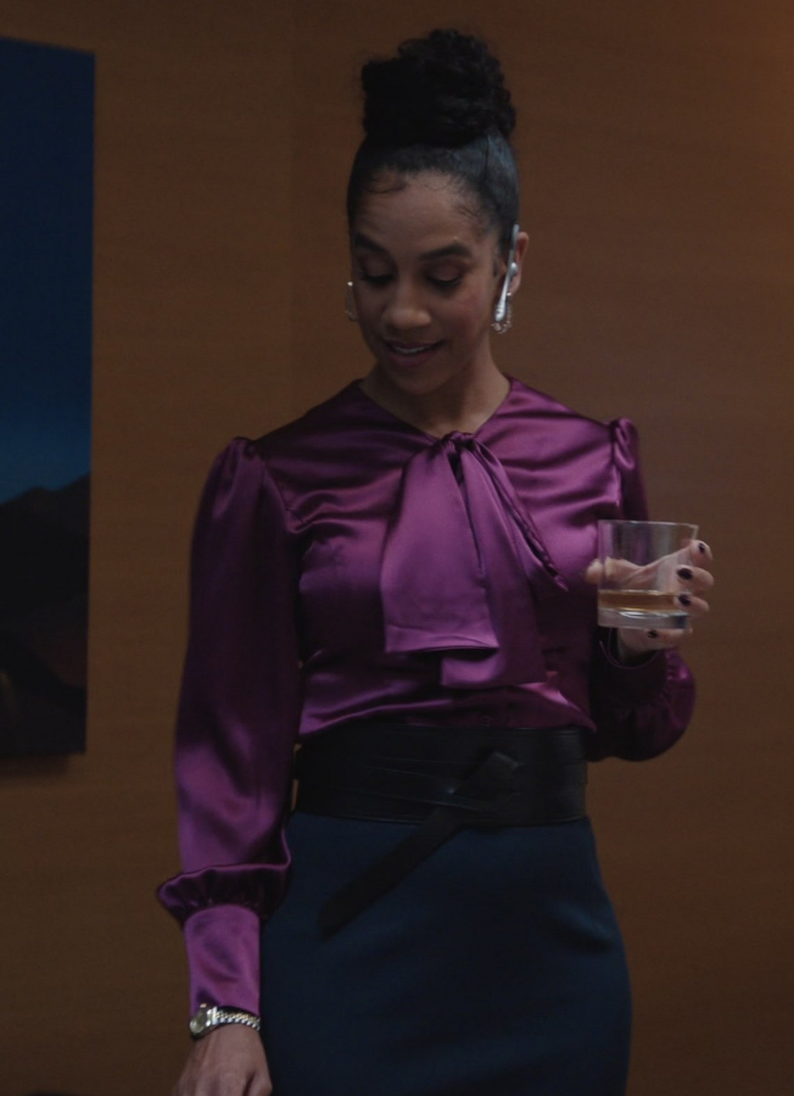 Purple Silk-Blend Puff Sleeve Blouse with Bow Collar Design Worn by Dominique Tipper as Brenda Holland from Monarch: Legacy of Monsters TV Show
