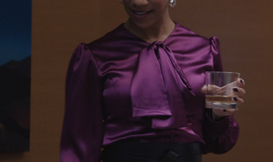 Purple Silk-Blend Puff Sleeve Blouse with Bow Collar Design Worn by Dominique Tipper as Brenda Holland