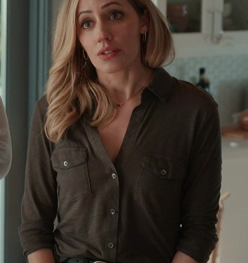 Casual Olive Green Button-Down Shirt Worn by Zibby Allen as Brie Sheridan