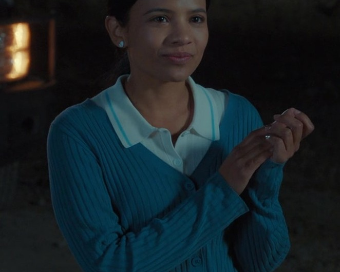 Blue Ribbed Crop Cardigan Worn by Nikki Rodriguez as Jackie Howard