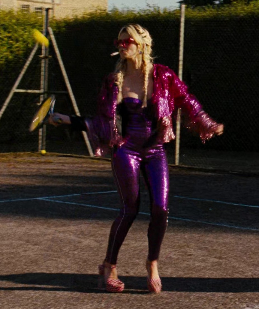 purple sparkle jumpsuit - Alison Oliver (Venetia Catton) - Saltburn (2023) Movie