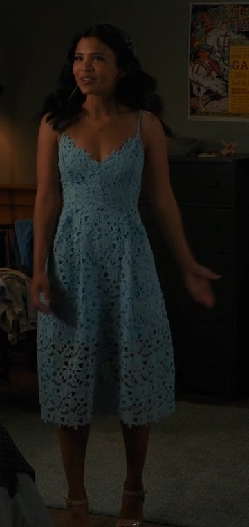 Worn on My Life with the Walter Boys TV Show - Blue Lace Midi Dress of Nikki Rodriguez as Jackie Howard