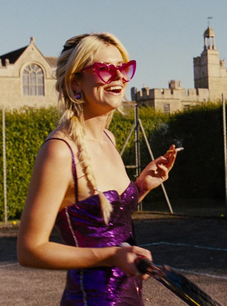heart-shaped pink tinted sunglasses - Alison Oliver (Venetia Catton) - Saltburn (2023) Movie