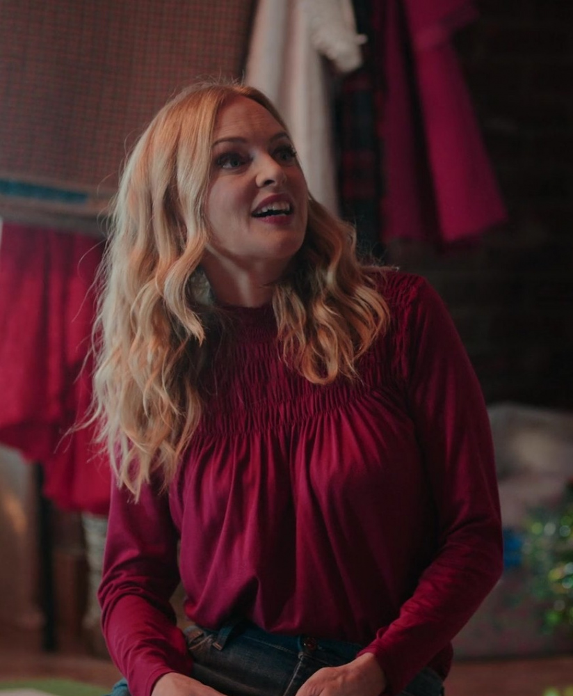 burgundy smocked yoke long sleeve blouse - Heather Graham (Charlotte Sanders) - Best. Christmas. Ever! (2023) Movie