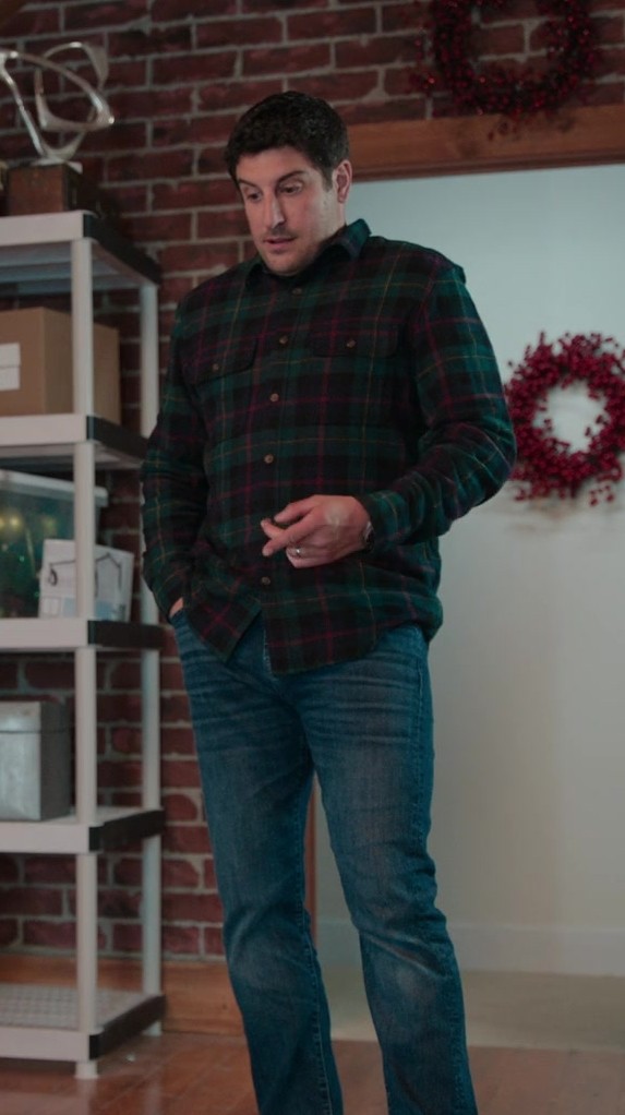 Worn on Best. Christmas. Ever! (2023) Movie - Classic Fit Green and Navy Plaid Flannel Shirt Worn by Jason Biggs as Rob Sanders