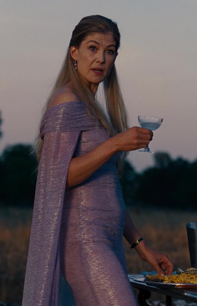 off-shoulder purple metallic gown - Rosamund Pike (Lady Elspeth Catton) - Saltburn (2023) Movie