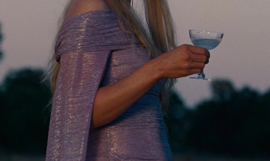 Off-Shoulder Purple Metallic Gown of Rosamund Pike as Lady Elspeth Catton
