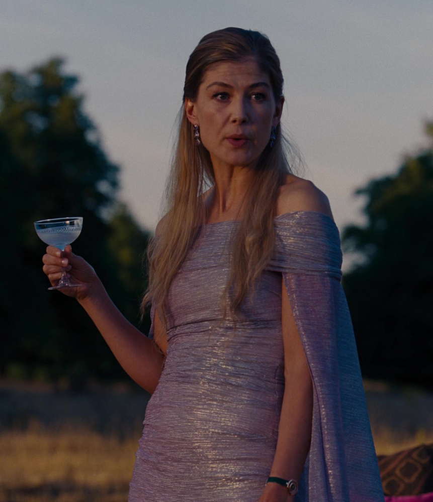 dazzling shiny gown with off-shoulder design - Rosamund Pike (Lady Elspeth Catton) - Saltburn (2023) Movie