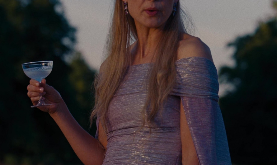 Dazzling Shiny Gown with Off-Shoulder Design Worn by Rosamund Pike as Lady Elspeth Catton