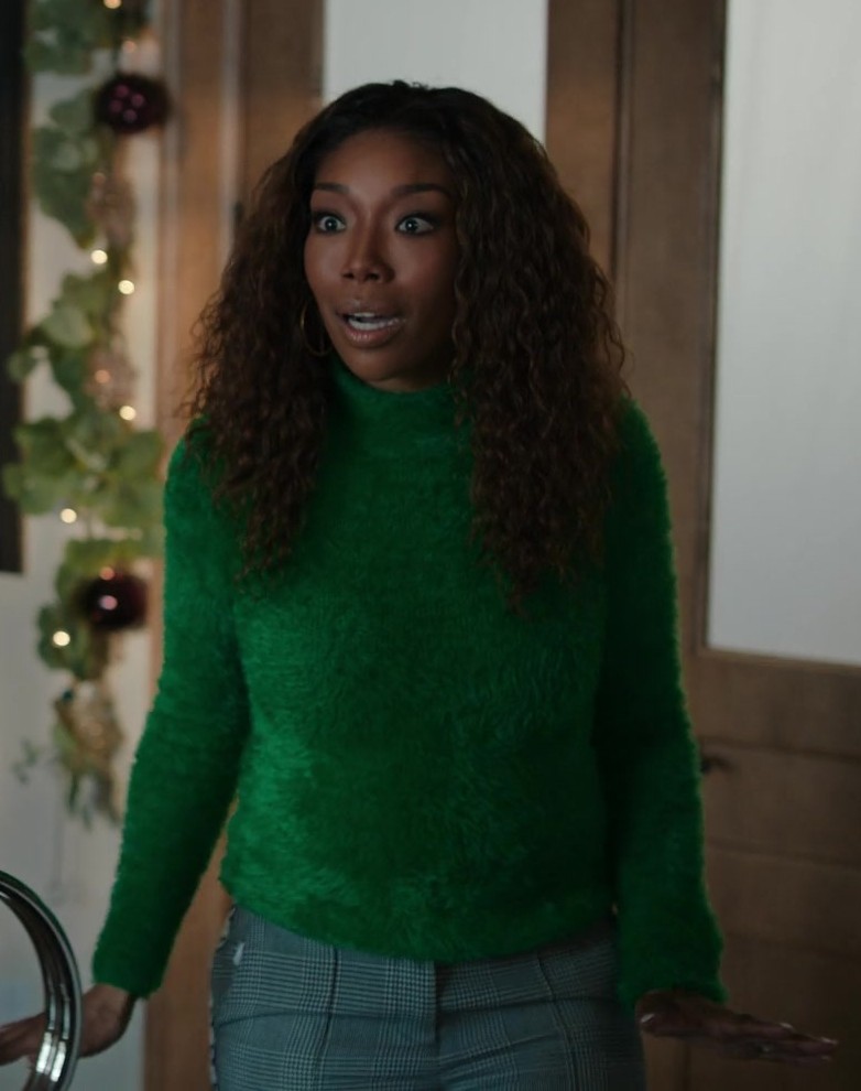 Worn on Best. Christmas. Ever! (2023) Movie - Green Furry Sweater Worn by Brandy Norwood as Jackie Jennings