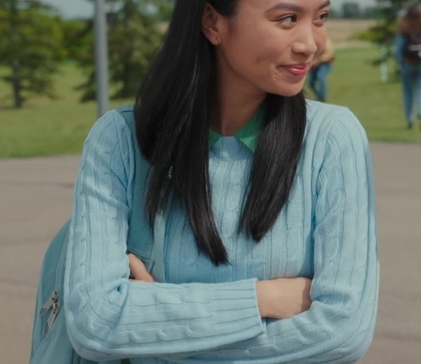 Blue Cable Knit Crew Neck Sweater Worn by Gabrielle Jacinto as Olivia
