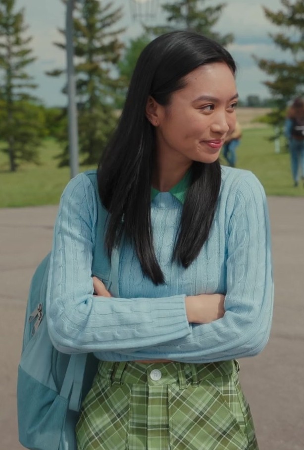 Blue Cable Knit Crew Neck Sweater Worn by Gabrielle Jacinto as Olivia from My Life with the Walter Boys TV Show