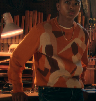 Worn on Candy Cane Lane (2023) Movie - Casual Burnt Orange and Beige Abstract Pattern Knit Jumper Worn by Thaddeus J. Mixson as Nick Carver