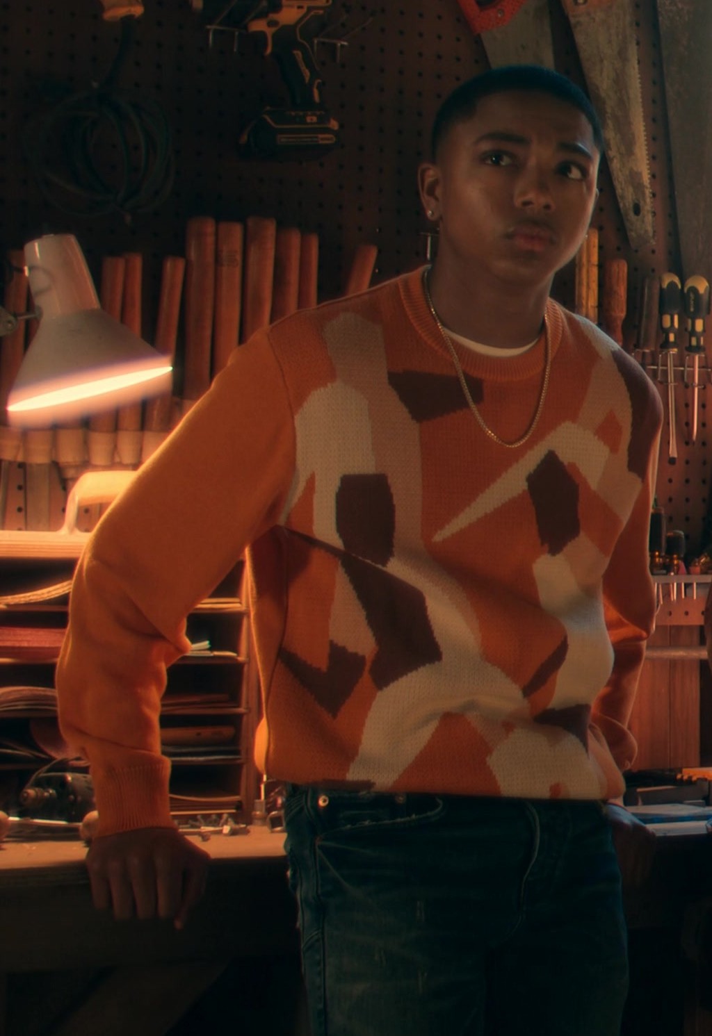 Worn on Candy Cane Lane (2023) Movie - Casual Burnt Orange and Beige Abstract Pattern Knit Jumper Worn by Thaddeus J. Mixson as Nick Carver