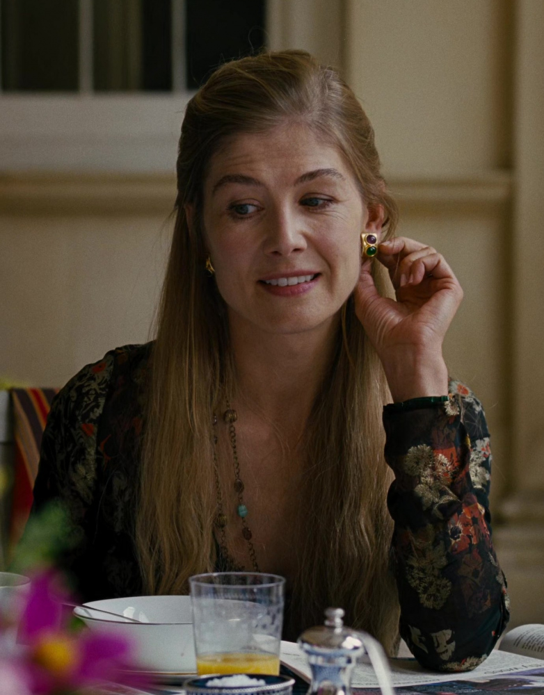 emerald-colored stone earrings - Rosamund Pike (Lady Elspeth Catton) - Saltburn (2023) Movie
