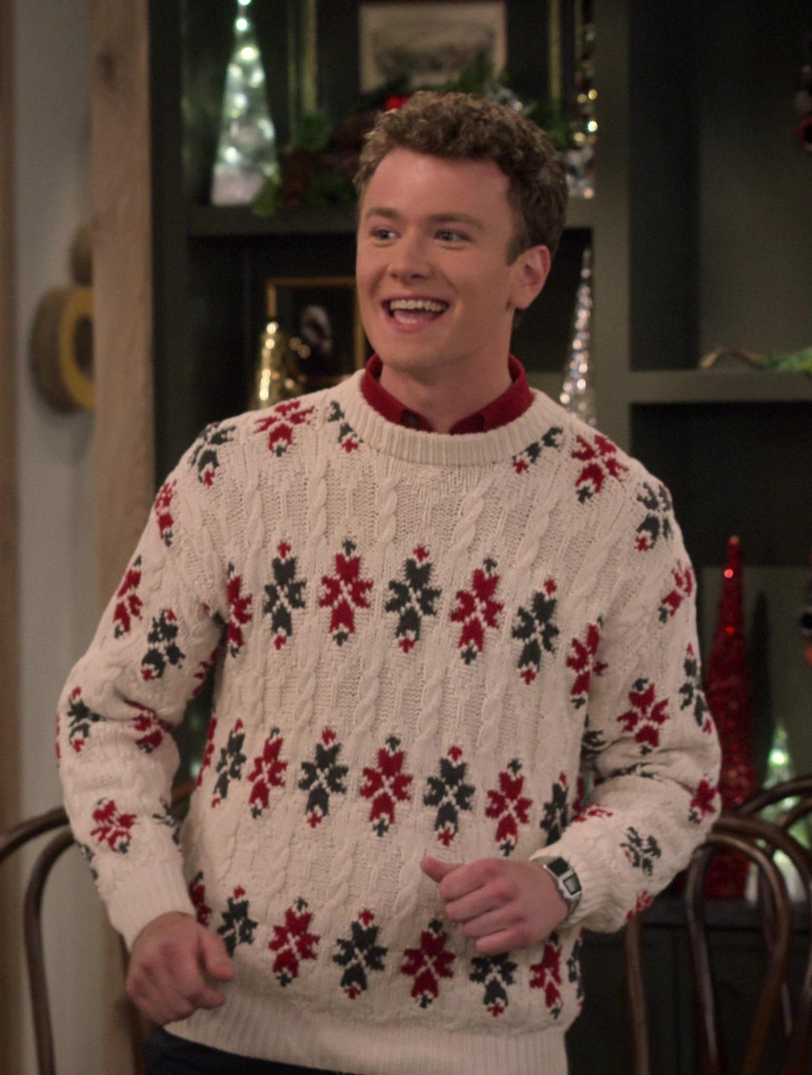 Worn on Frasier TV Show - Snowflake Motif Ugly Christmas Sweater of Anders Keith as David Crane