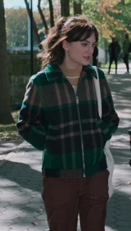 Plaid Zip-Up Jacket of Emilia Jones as Margot from Cat Person (2023) Movie