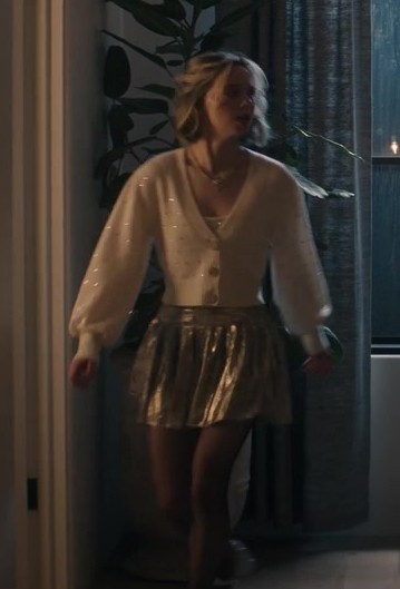 Worn on Family Switch (2023) Movie - Silver Metallic Pleated Detail High Waist Mini Skirt of Emma Myers as CC