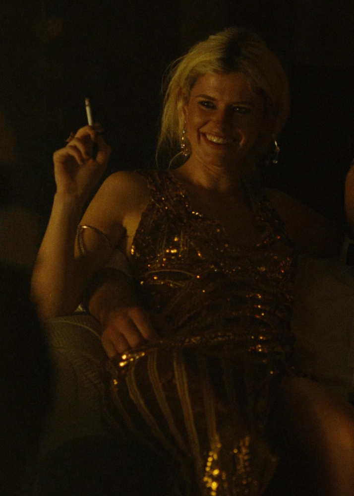 gold sequin evening gown - Alison Oliver (Venetia Catton) - Saltburn (2023) Movie