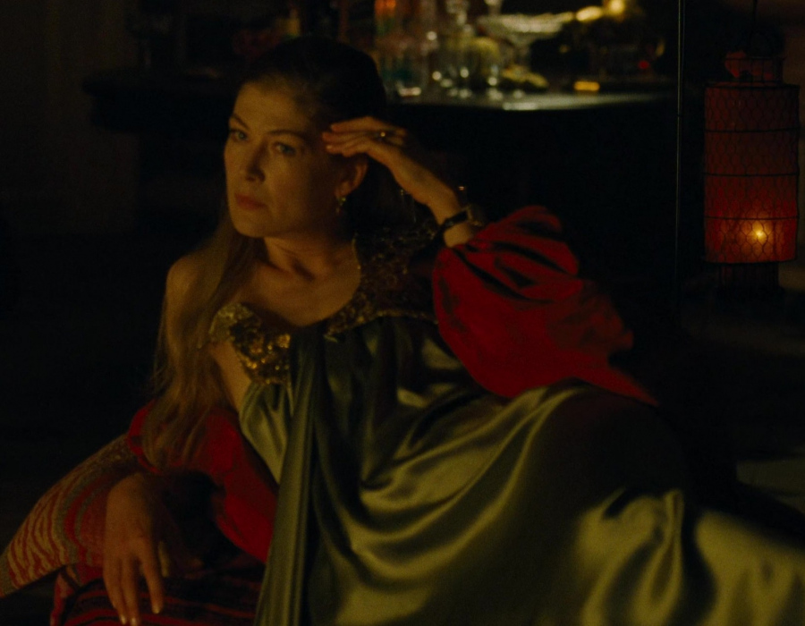 emerald green silk gown with golden embellishments - Rosamund Pike (Lady Elspeth Catton) - Saltburn (2023) Movie