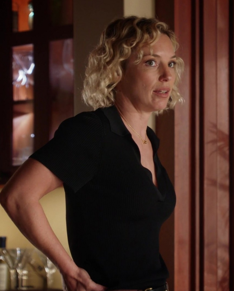 Black Ribbed V-Neck Top with Collar Worn by Perdita Weeks as Juliet Higgins from Magnum P.I. TV Show