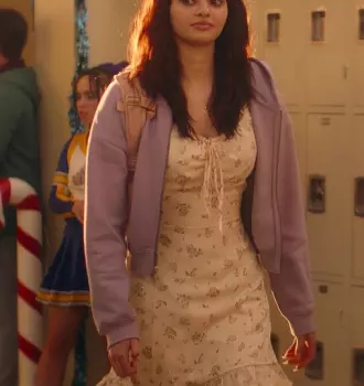Worn on Family Switch (2023) Movie - Simple Retro Knot Front Frill Trim Tie Back Ditsy Floral Dress Worn by Vanessa Carrasco as Ariana