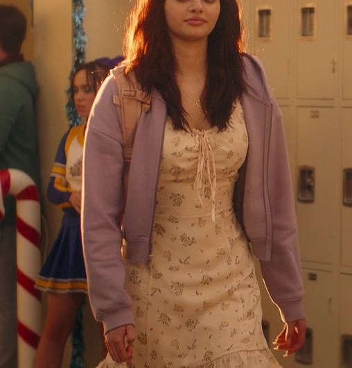 Simple Retro Knot Front Frill Trim Tie Back Ditsy Floral Dress Worn by Vanessa Carrasco as Ariana