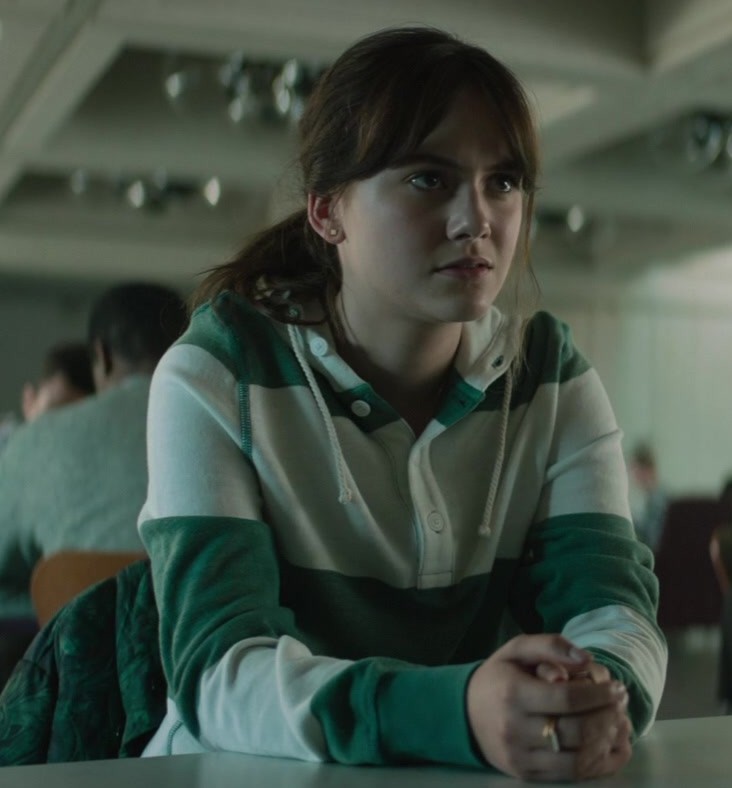 Worn on Cat Person (2023) Movie - White and Green Striped Two-Tone Hoodie of Emilia Jones as Margot